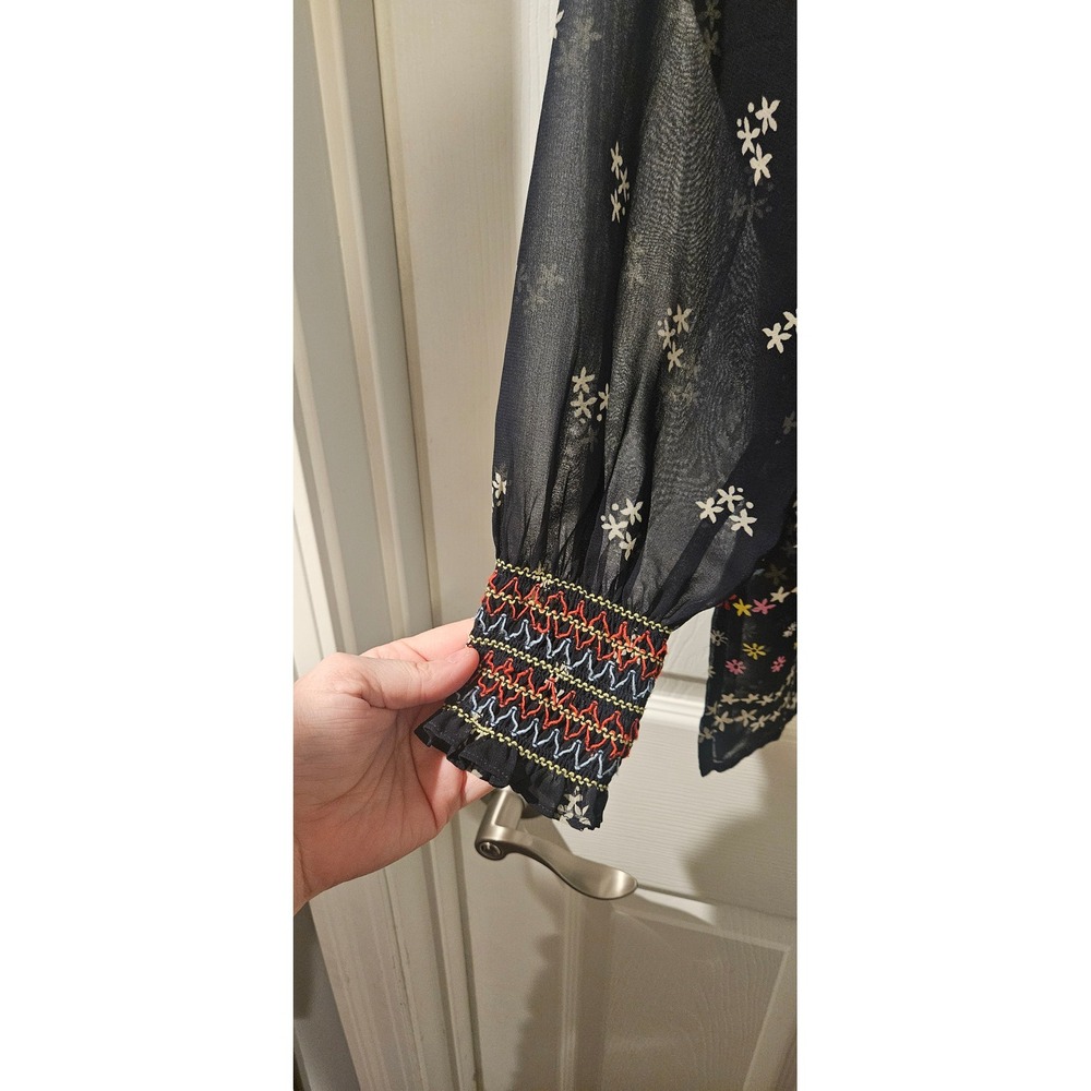 CAbi Sheer Embroidered Boho Blouse Small Navy Floral Tassel Tie Peasant Top - Picture 9 of 10